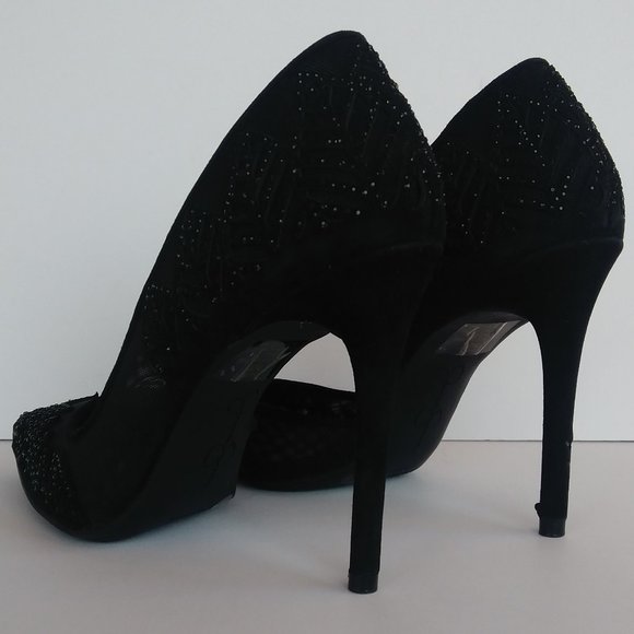 JESSICA SIMPSON 7 BLACK MESH SPARKLY RHINESTONE STILETTO HEELS holiday Christmas - Picture 12 of 16